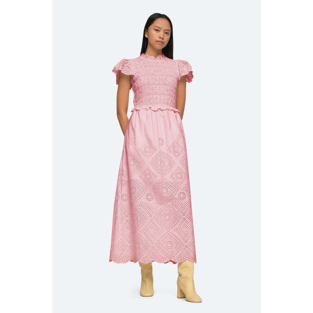 Sea New York Vienne Maxi Dress Pink Ruffle Sleeve Eyelet Smocked Open Tie Back 8
